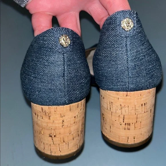Anne Klein Iflex Women’s 8.5 Pointy Toe Denim Blue Cork Heels - Picture 8 of 10